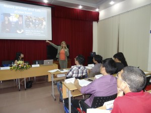 Lecture and discussion of news anchoring and program hosting at VTV training center, Hanoi.