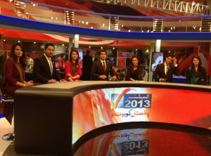 State of the art GEO TV election set in Pakistan contrasts with the dangerous realities journalists face on the ground. 
